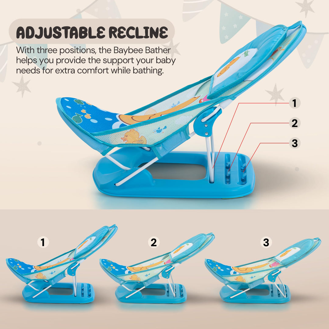 Bella Anti Slip Baby Bather For Newborn Baby 0 - 6 months, Bathing Chair With 3 Position Adjustable & Washable Soft Mesh Seat, Baby Bath Seat Chair for Bath Tub With Suction Cup & Backrest