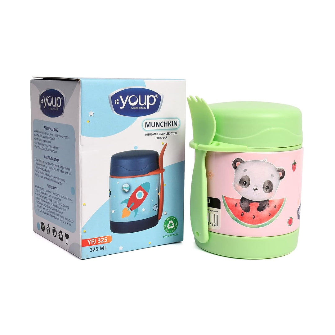 YOUP Stainless Steel Insulated Purple Pink Color Food Jar with Fork MUNCHKIN-325 ml