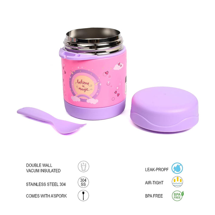 YOUP Stainless Steel Insulated Purple Pink Color Food Jar with Fork MUNCHKIN-325 ml