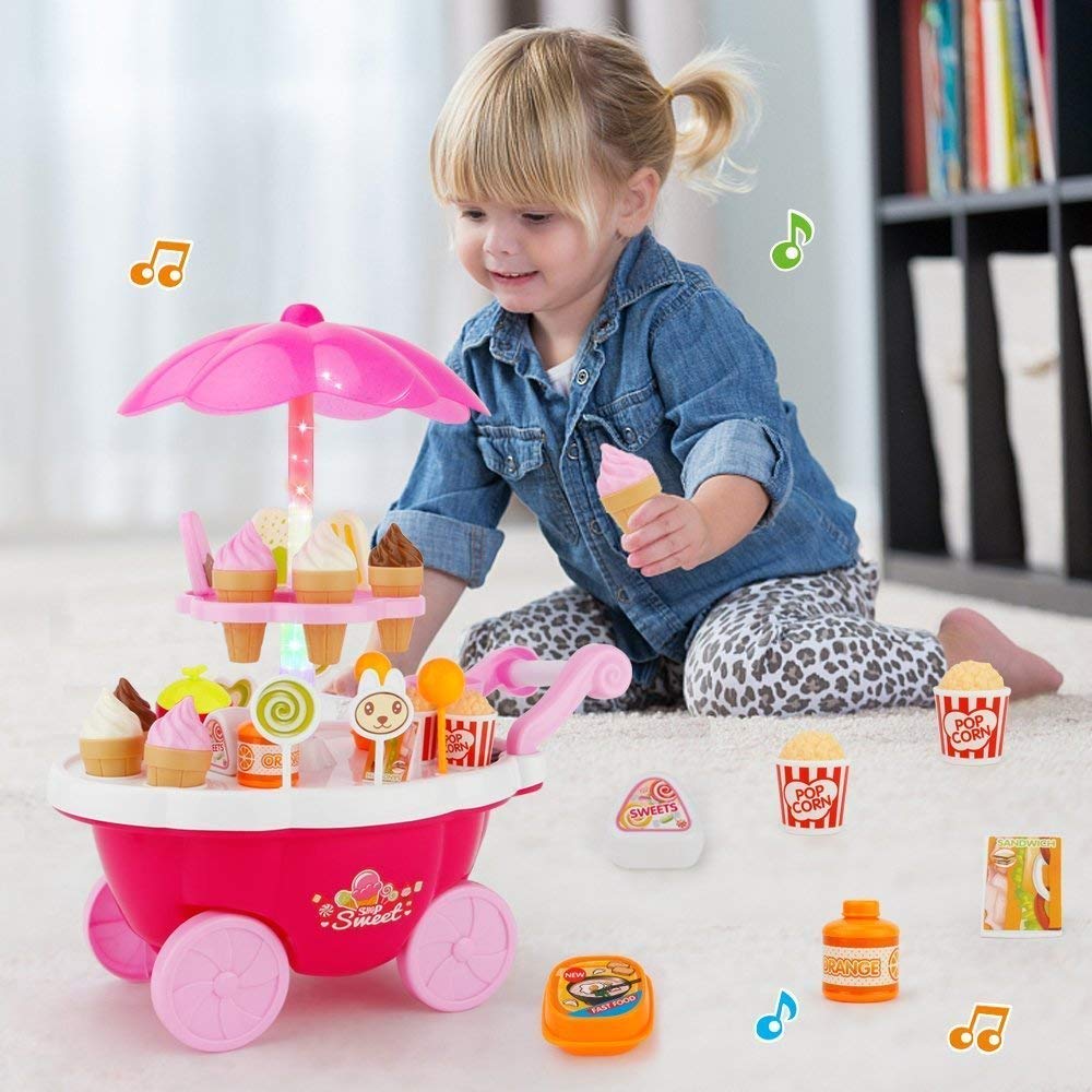 Luxury Sweet Shop Cart Kitchen Cart Without Music & Lighting Ice Cream Trolley Shop Set for Kids | Multi Color 39 Pcs