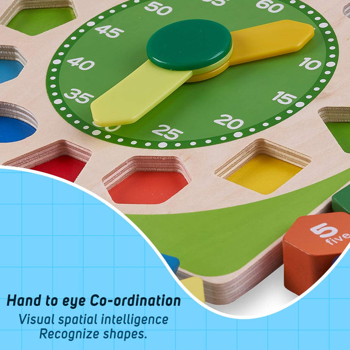 Wooden Clock to Learn Time, Shape & Color, Number and Shape Learning Educational