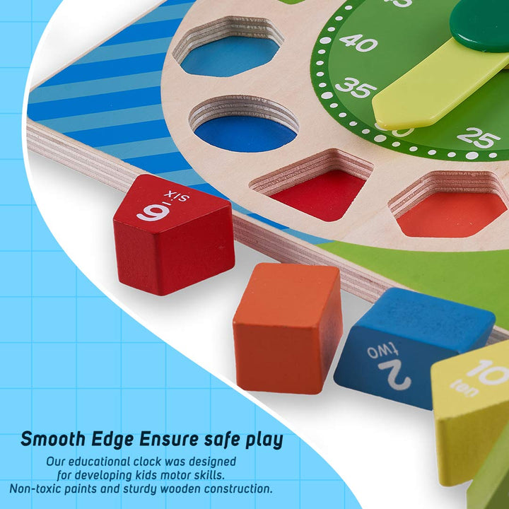 Wooden Clock to Learn Time, Shape & Color, Number and Shape Learning Educational