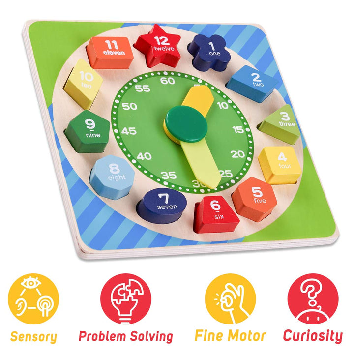 Wooden Clock to Learn Time, Shape & Color, Number and Shape Learning Educational