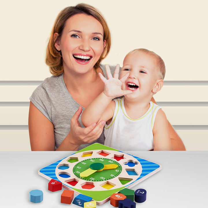 Wooden Clock to Learn Time, Shape & Color, Number and Shape Learning Educational